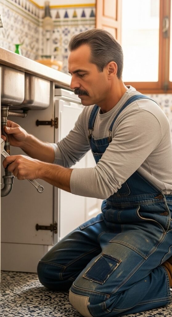 Fontanero arreglando un atasco de tuberías en Sevilla
