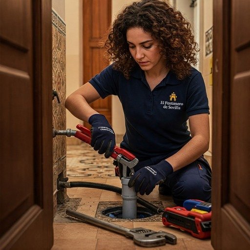 Fontanera haciendo una reparación de bajantes en Sevilla