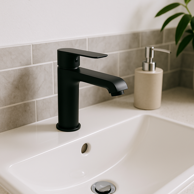 Grifo moderno cromado en negro con fondo de lavabo en blanco brillo moderno