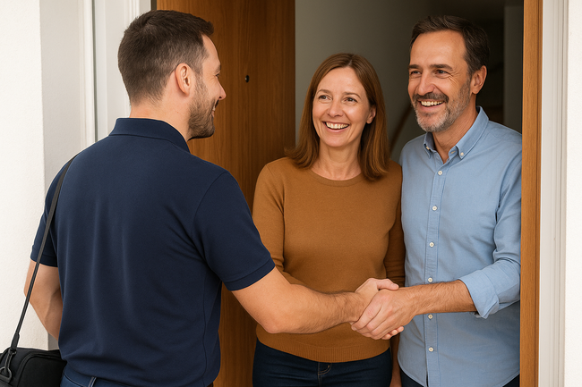 Fontanero llegando al piso en Sevilla tras recibir llamada.