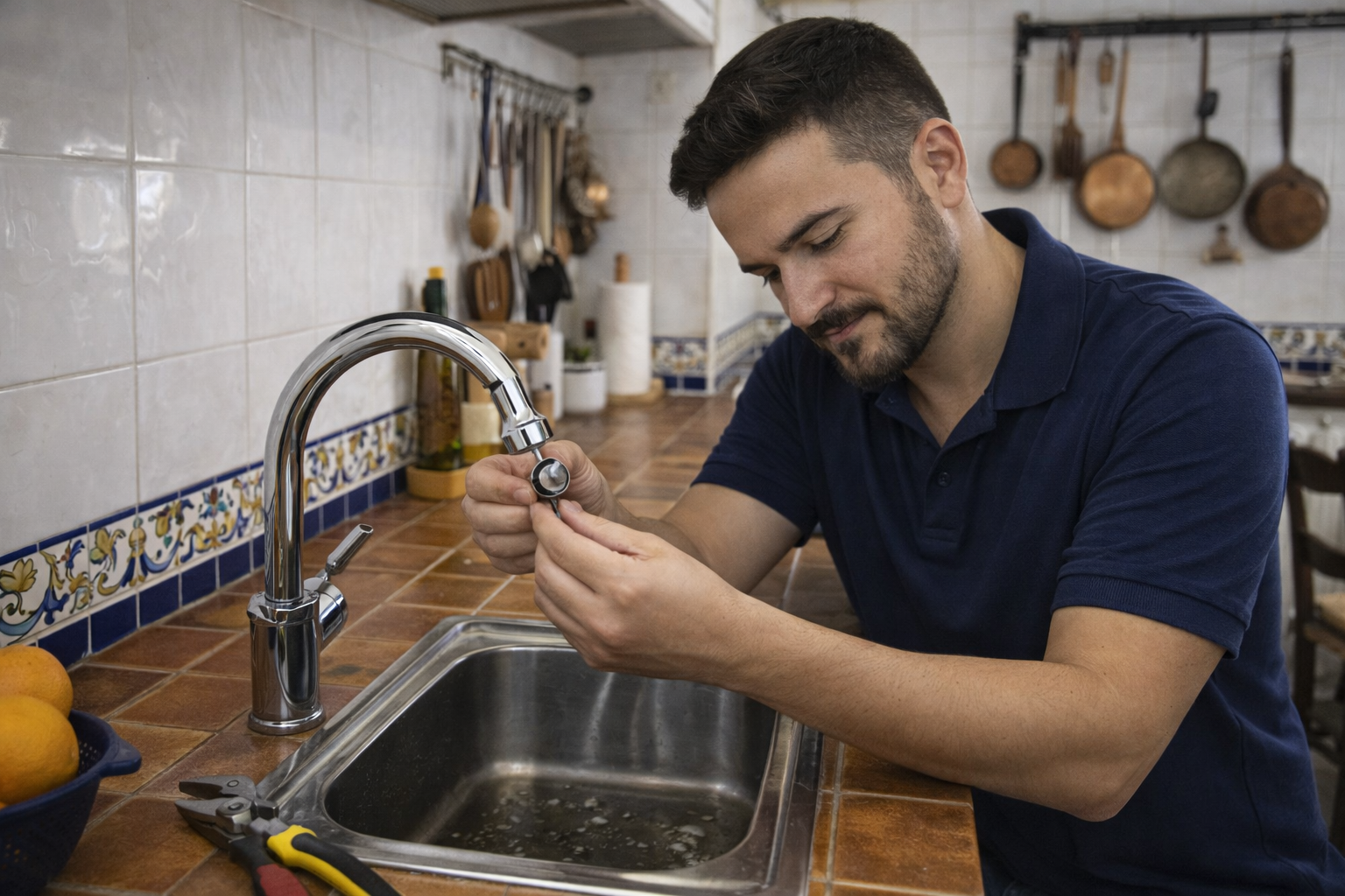 Fontanero de Sevilla arreglando un grifo en una cocina