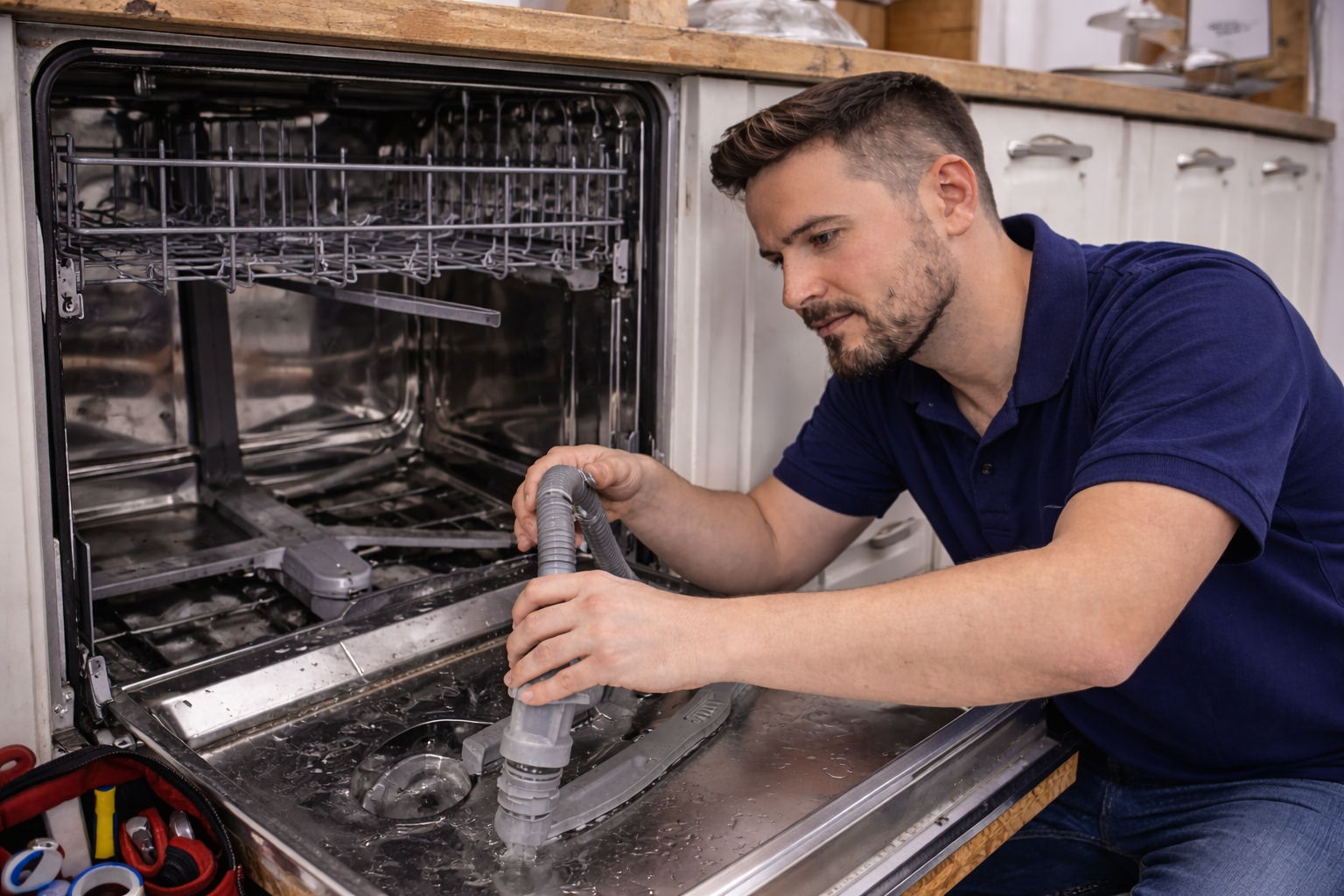 Nuestro fontanero arreglando un lavavajillas en una cocina de Sevilla