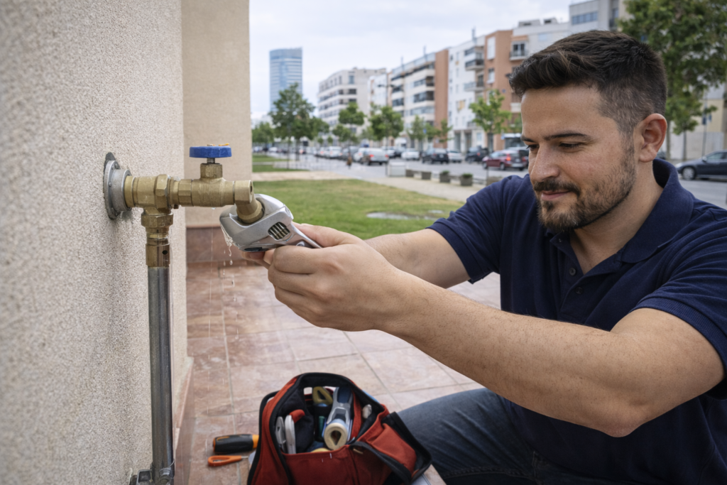 Fontanero de la empresa arreglando una tubería de comunidad en Sevilla Este