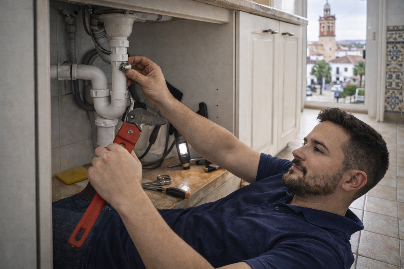 Fontanero arreglando una tubería en Dos Hermanas Sevilla