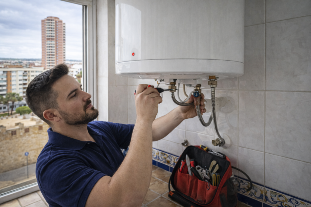 Fontanero instalando un termo en Mairena de Aljarafe, Sevilla