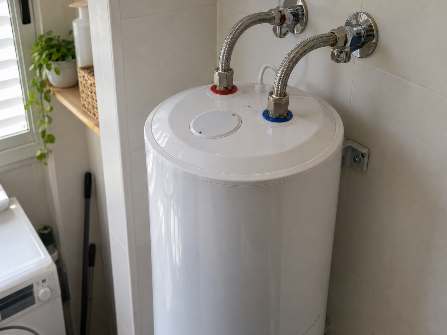 Termo eléctrico instalado en la pared con sus conexiones de agua a la vista