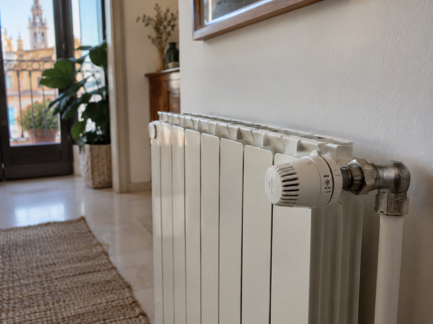 Radiador y llave termostática en una vivienda de Sevilla