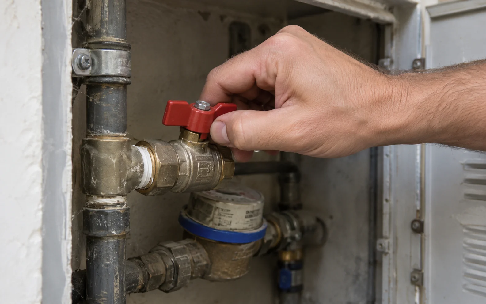 Llave de paso general de una vivienda, girándola para cerrar el agua